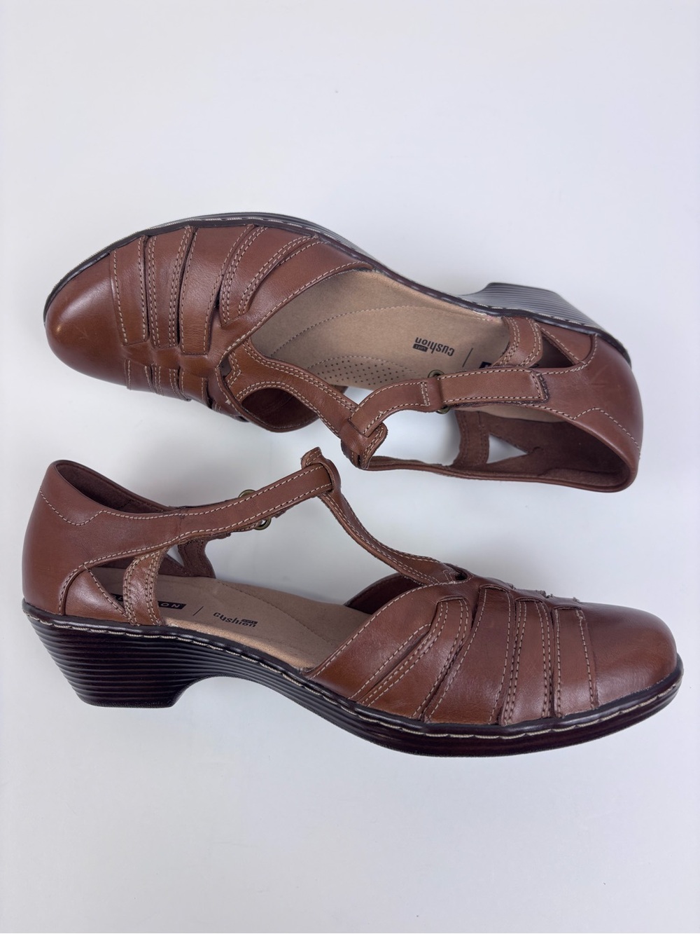 Clarks Wendy Alto Leather Shoes T-Strap Low Wedge Casual Dress Shoe Brown Sz 10 - Picture 9 of 14
